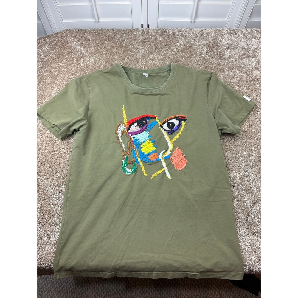 Loop Mens XL Olive Green Embroidered Abstract Face Graphic T-Shirt Short Sleeve